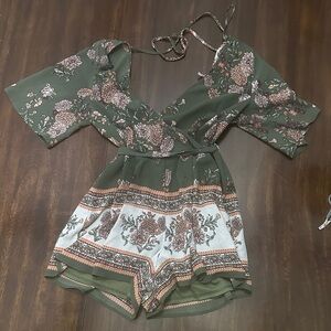 Blue Rain Floral Green Romper